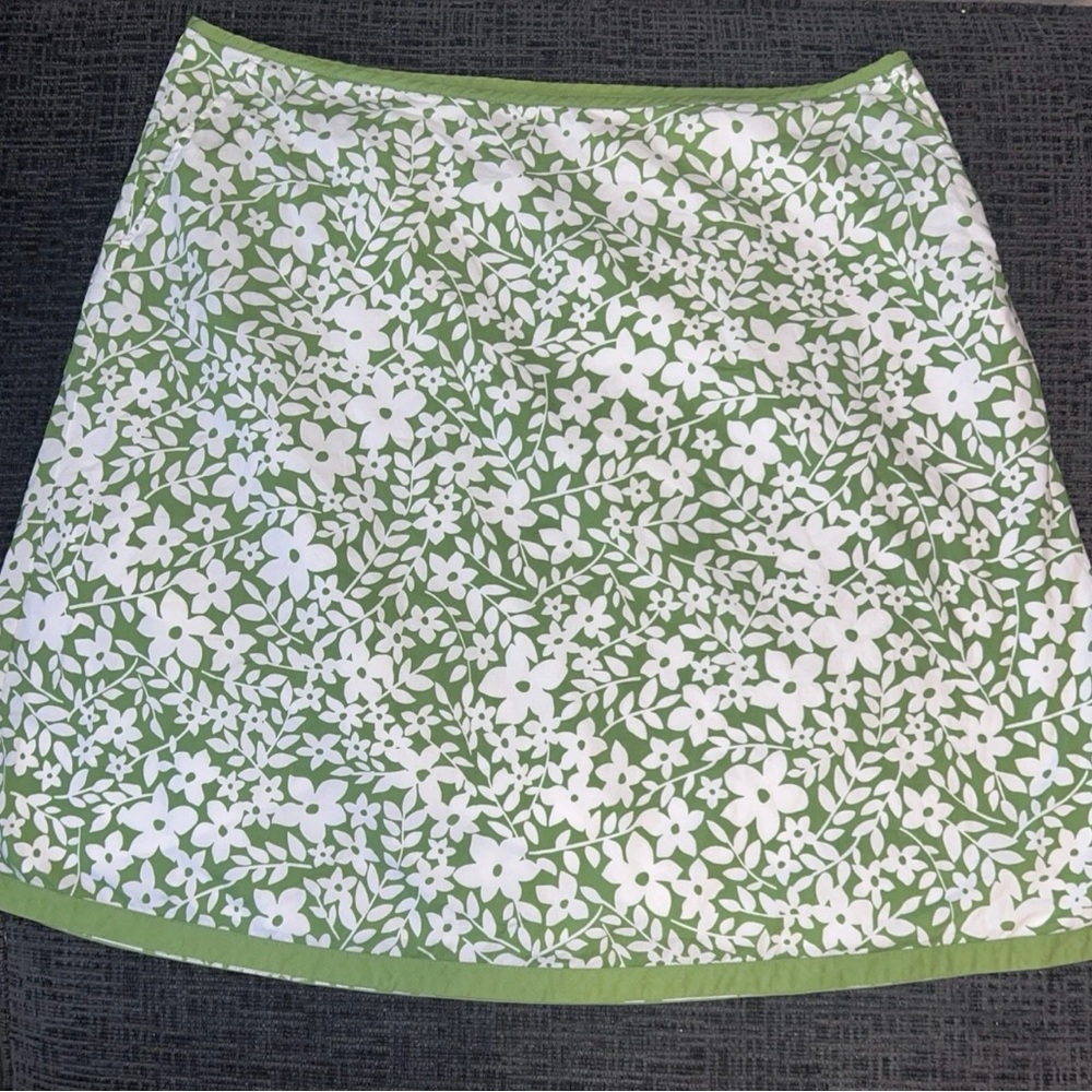 L.L.BEAN WOMEN GREEN&WHITE FLORAL COTTON A-LINE KNEE LENGTH SKIRT - POCKETS - 20